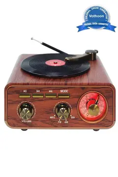 Nostaljik Tasarım Plak Çalar Görünümlü Radyolu Bluetooth Hoparlör Retro Müzik Plak