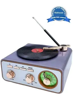 Metalik Nostaljik Tasarım Plak Çalar Görünümlü Radyolu Bluetooth Hoparlör Retro Müzik Plak