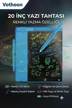 20 Inc Renkli Lcd Grafik Dijital Kalemli Çizim Tableti Yazı Tahta Not Yazma Eğitim Tableti Mavi